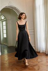 Flare Silk Dress - Square Neckline - High Waist Midi Dress