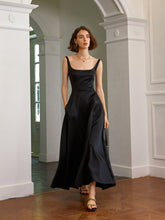 Flare Silk Dress - Square Neckline - High Waist Midi Dress
