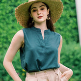 Linen Tank Top with Split Neckline