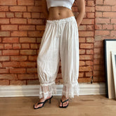 Lace Trim White Capri Pants - Flowy Boho Bloomers