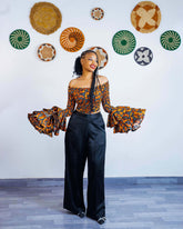 Orange Ankara Crop Top, Smocked Bodice, Tiered Bell Sleeves, Off-Shoulder Blouse