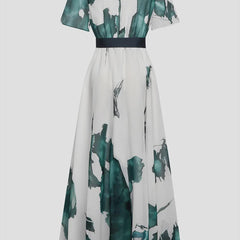 Boho Maxi Dress – Teal Watercolor Marble Print, Flowy Wrap Summer Wedding Guest Outfit