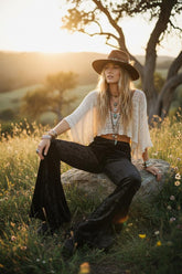 Black Crushed Velvet Bell Bottom Pants for Women