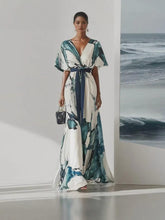 Boho Maxi Dress – Teal Watercolor Marble Print, Flowy Wrap Summer Wedding Guest Outfit