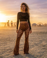 High Waisted Acid Wash Flare Pants with Braided Details