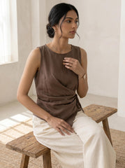 Women's Sleeveless Linen Cotton Wrap Top with Asymmetrical Hem