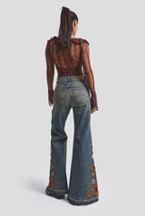 Boho Floral Embroidered Flare Jeans – Y2K Wide Leg Denim Bell Bottoms