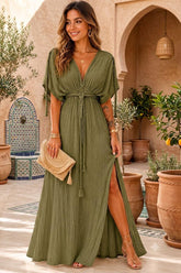 Olive Green Cotton Gauze Maxi Dress for Women