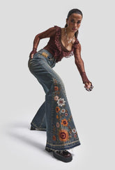 Boho Floral Embroidered Flare Jeans – Y2K Wide Leg Denim Bell Bottoms
