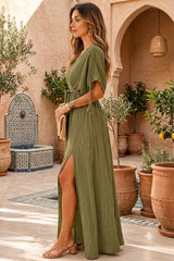 Olive Green Cotton Gauze Maxi Dress for Women