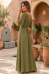 Olive Green Cotton Gauze Maxi Dress for Women