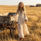 Boho Lace Maxi Dress with Bell Sleeves