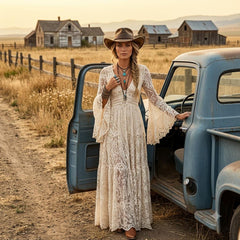 Boho Lace Maxi Dress with Bell Sleeves