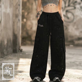 Rhinestone Wide Leg Pants with Drawstring Waist