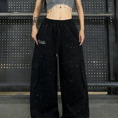 Rhinestone Wide Leg Pants with Drawstring Waist