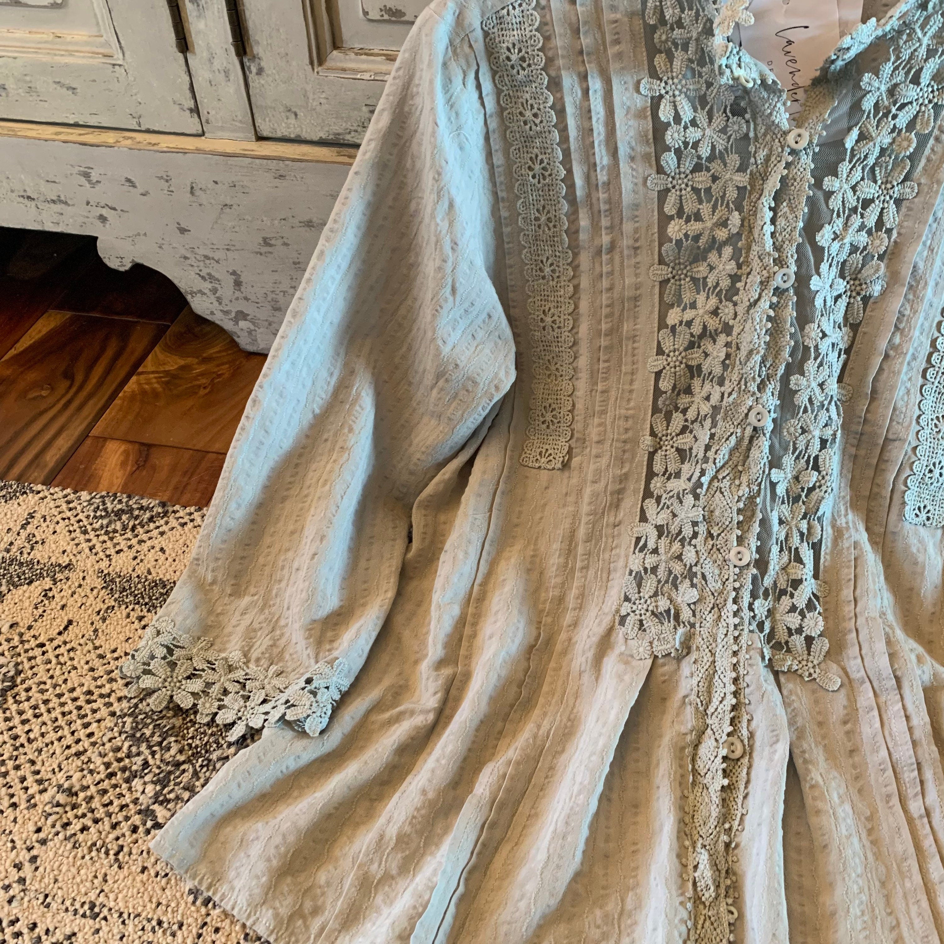 Bohemian Lace Cotton Blouse: Grey Floral 3/4 Sleeve Feminine Top
