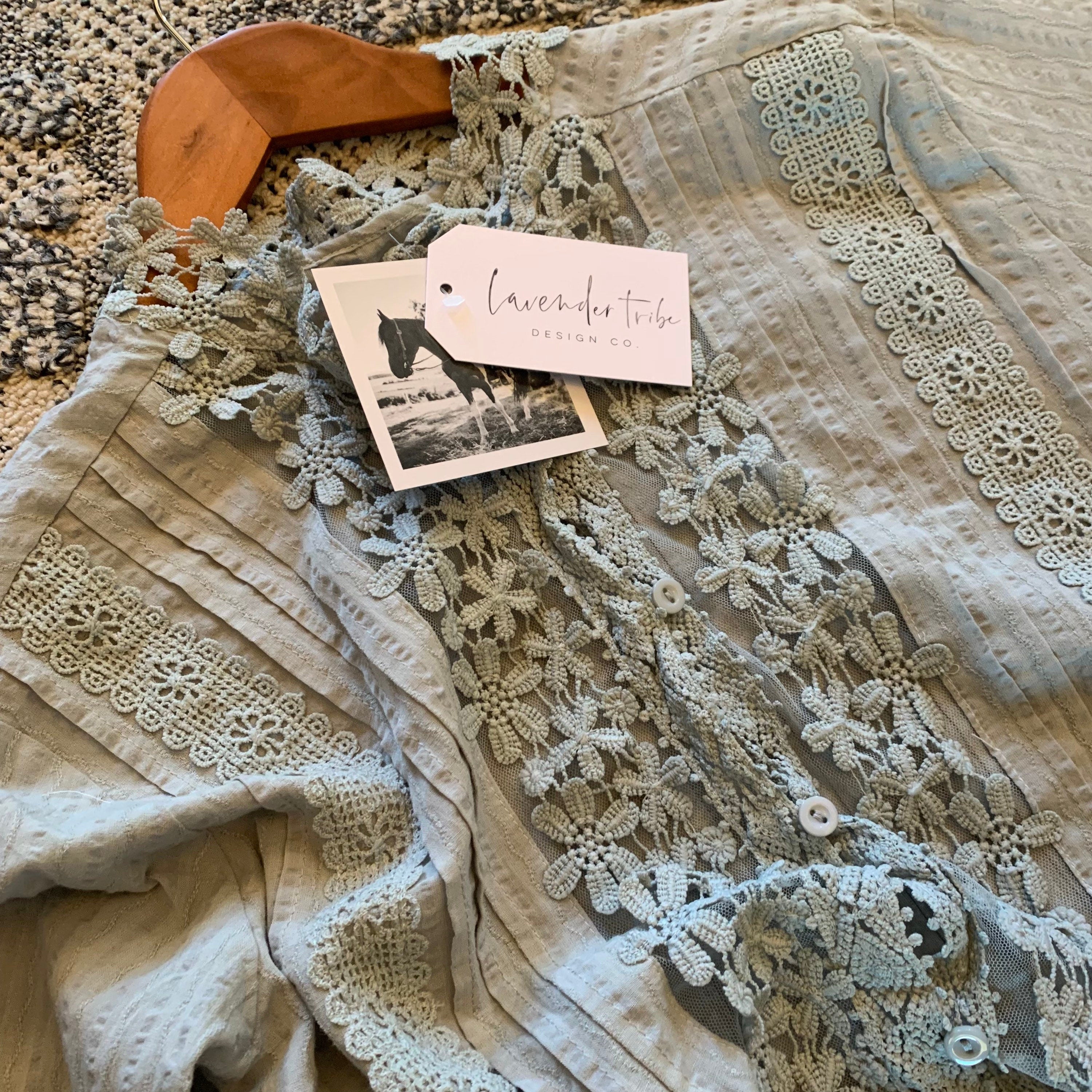 Bohemian Lace Cotton Blouse: Grey Floral 3/4 Sleeve Feminine Top