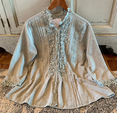 Bohemian Lace Cotton Blouse: Grey Floral 3/4 Sleeve Feminine Top