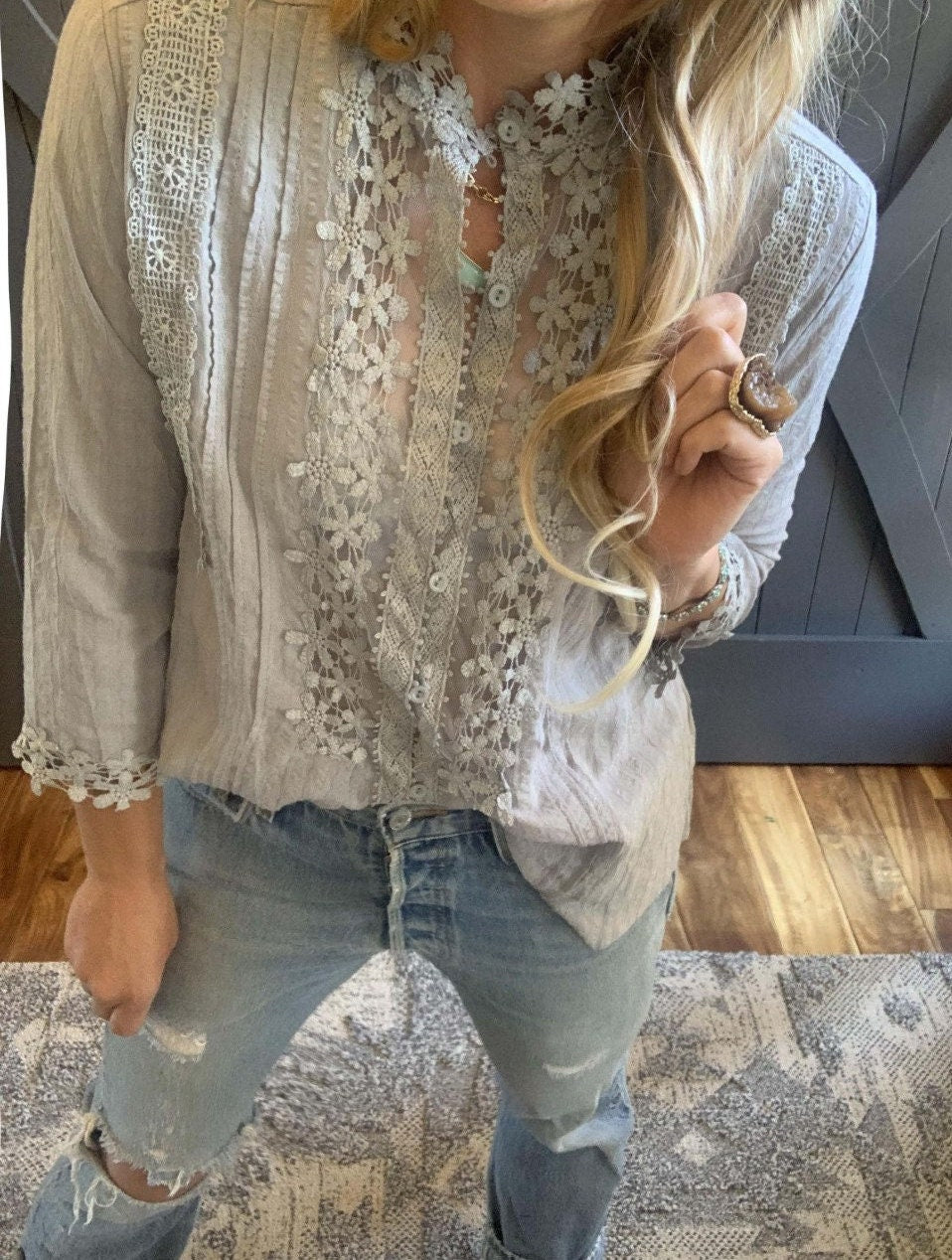 Bohemian Lace Cotton Blouse: Grey Floral 3/4 Sleeve Feminine Top