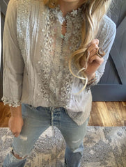 Bohemian Lace Cotton Blouse: Grey Floral 3/4 Sleeve Feminine Top