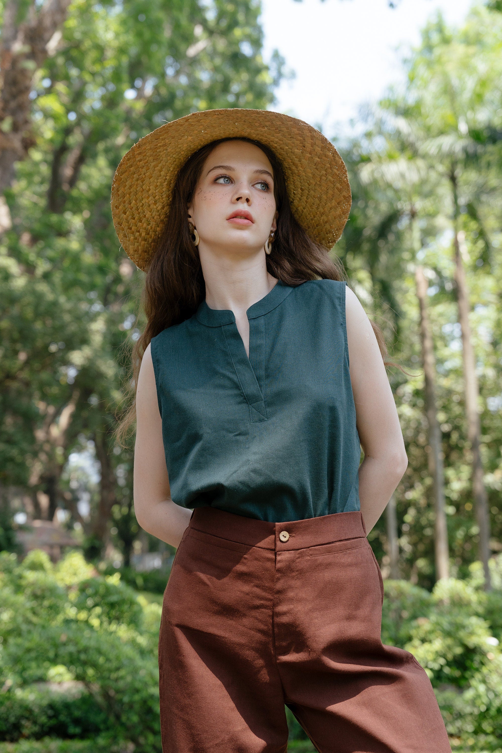 Linen Tank Top with Split Neckline