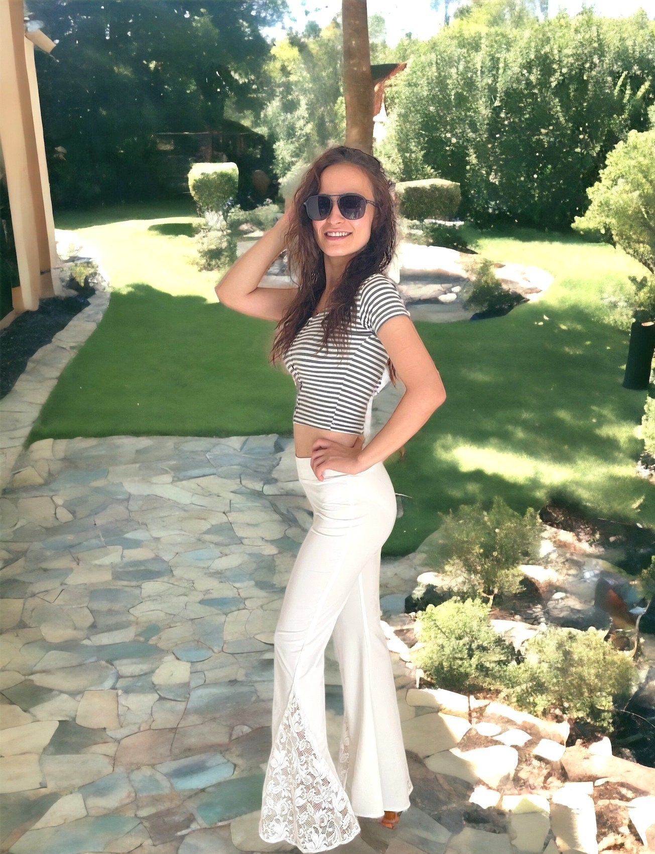 White Lace Bell Bottom Pants for Women
