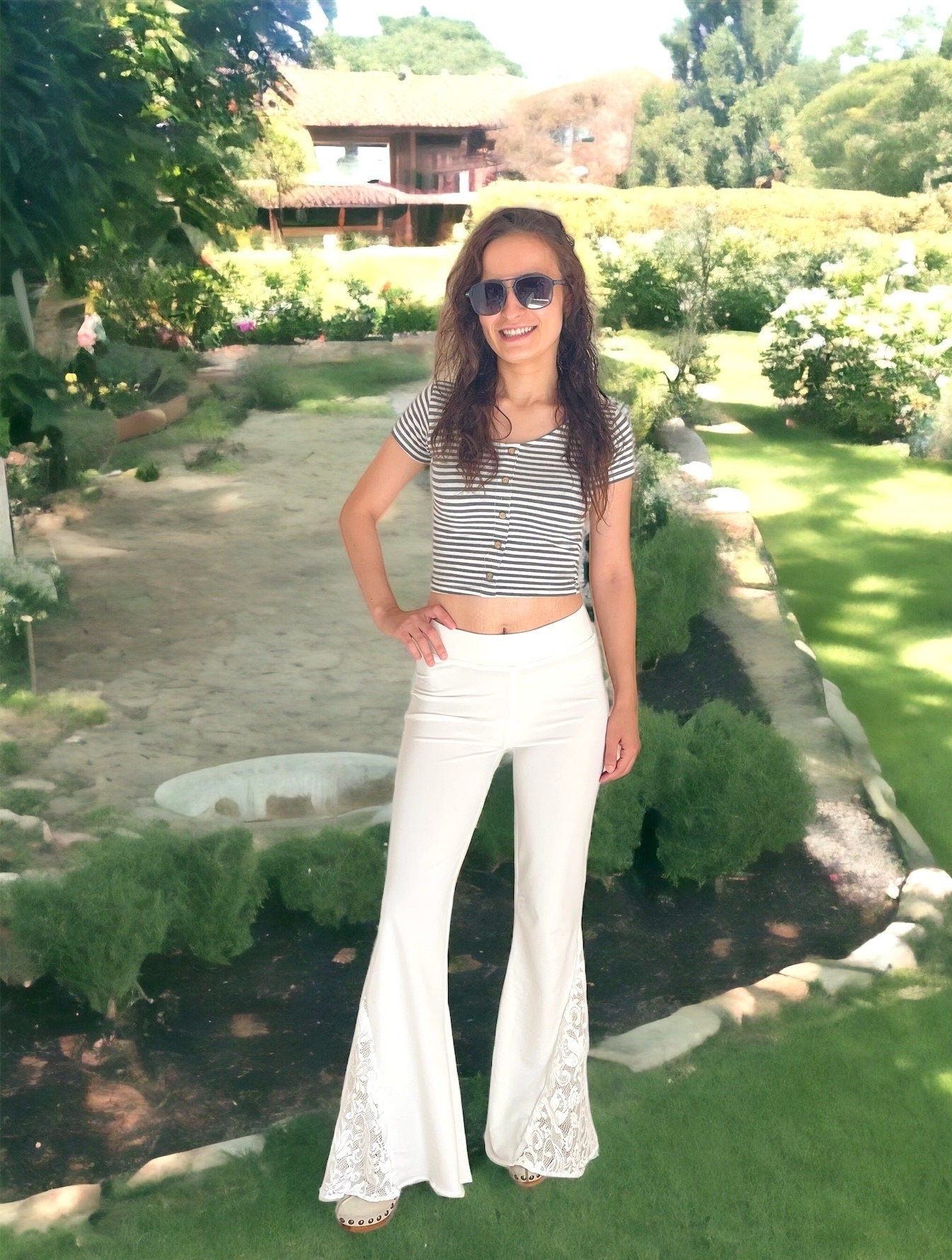 White Lace Bell Bottom Pants for Women