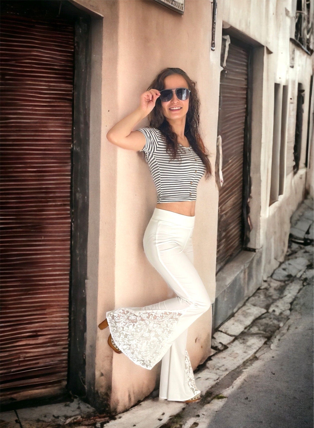 White Lace Bell Bottom Pants for Women
