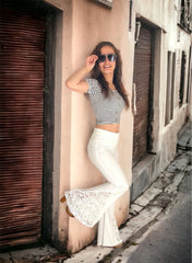 White Lace Bell Bottom Pants for Women