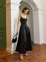 Flare Silk Dress - Square Neckline - High Waist Midi Dress