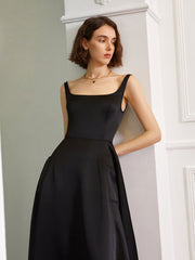 Flare Silk Dress - Square Neckline - High Waist Midi Dress