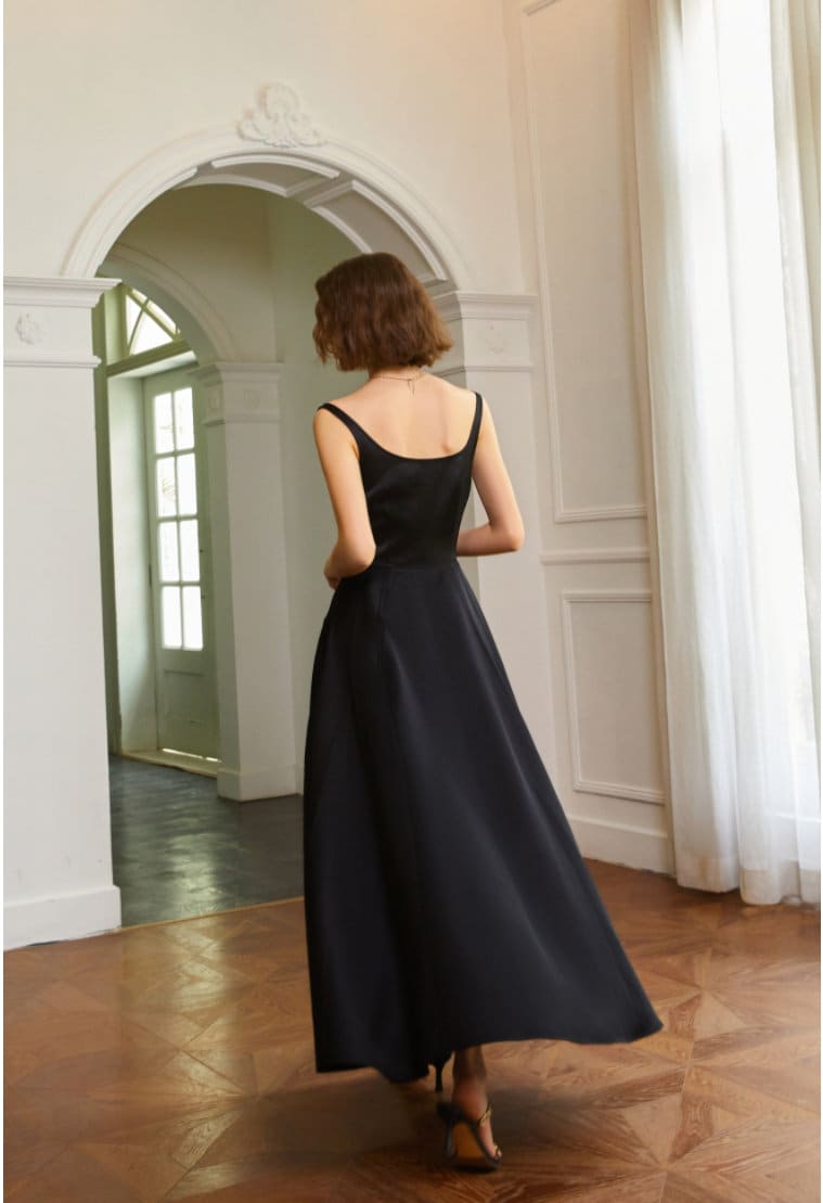 Flare Silk Dress - Square Neckline - High Waist Midi Dress