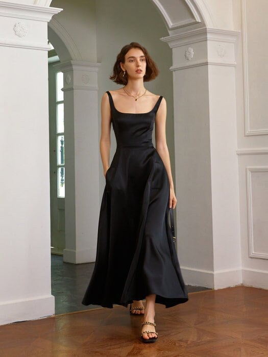 Flare Silk Dress - Square Neckline - High Waist Midi Dress