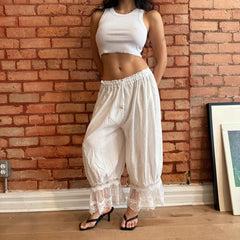 Lace Trim White Capri Pants - Flowy Boho Bloomers