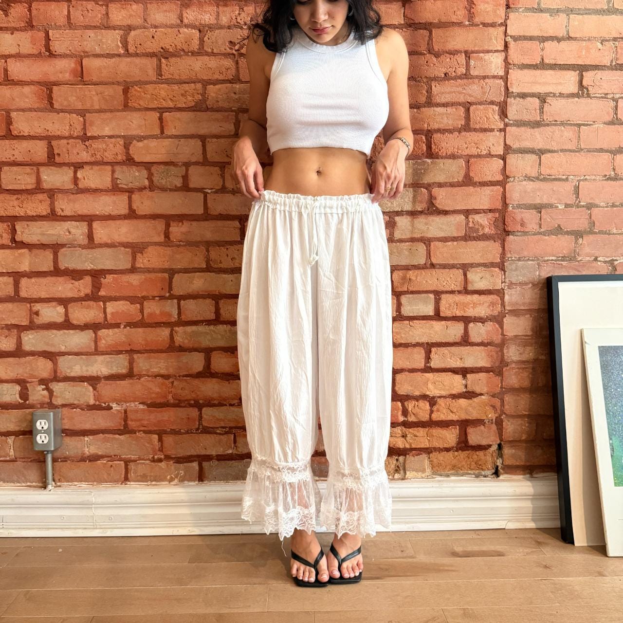 Lace Trim White Capri Pants - Flowy Boho Bloomers