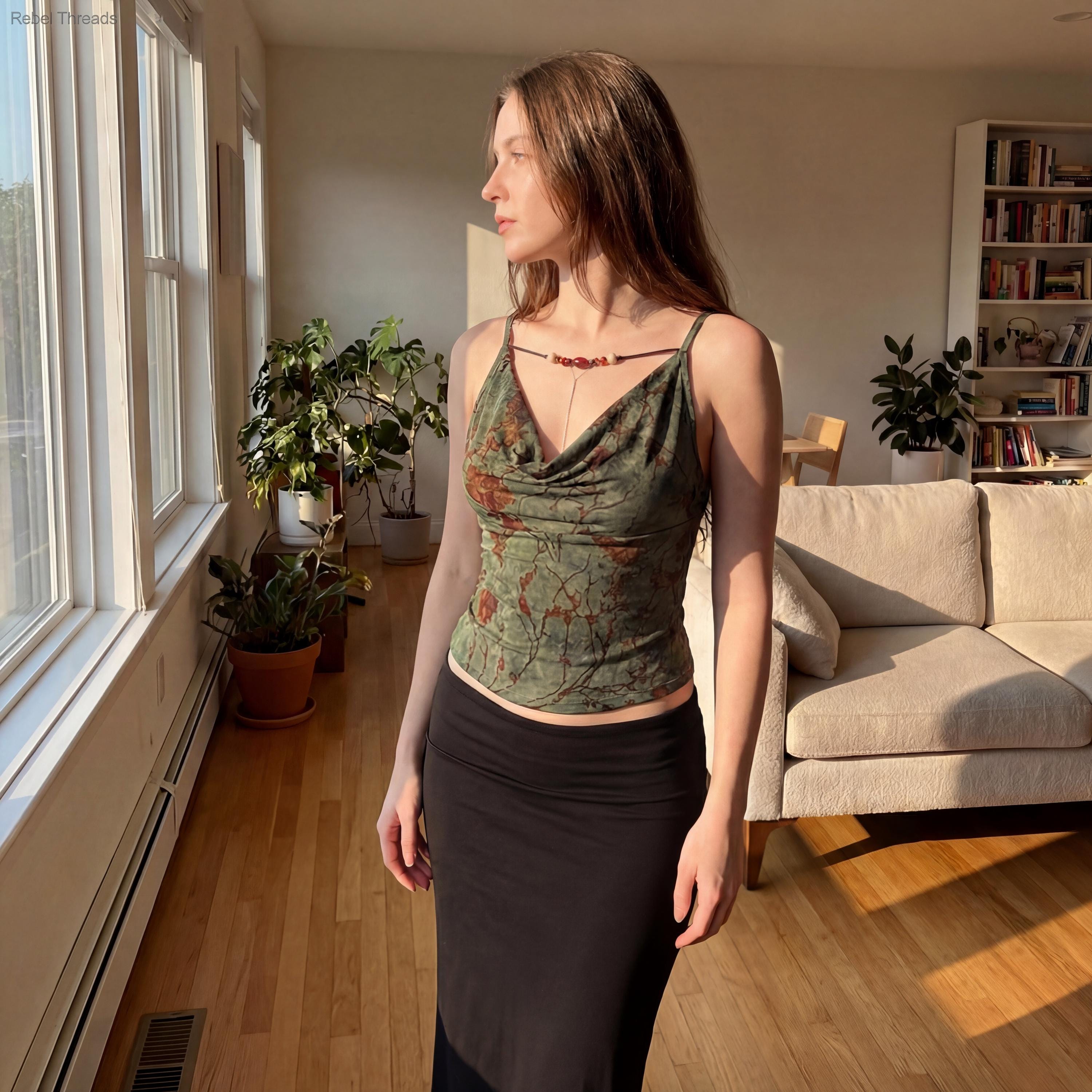Olive Green Camo Lace Cami Top | V-Neck Adjustable Strap Crop Tank
