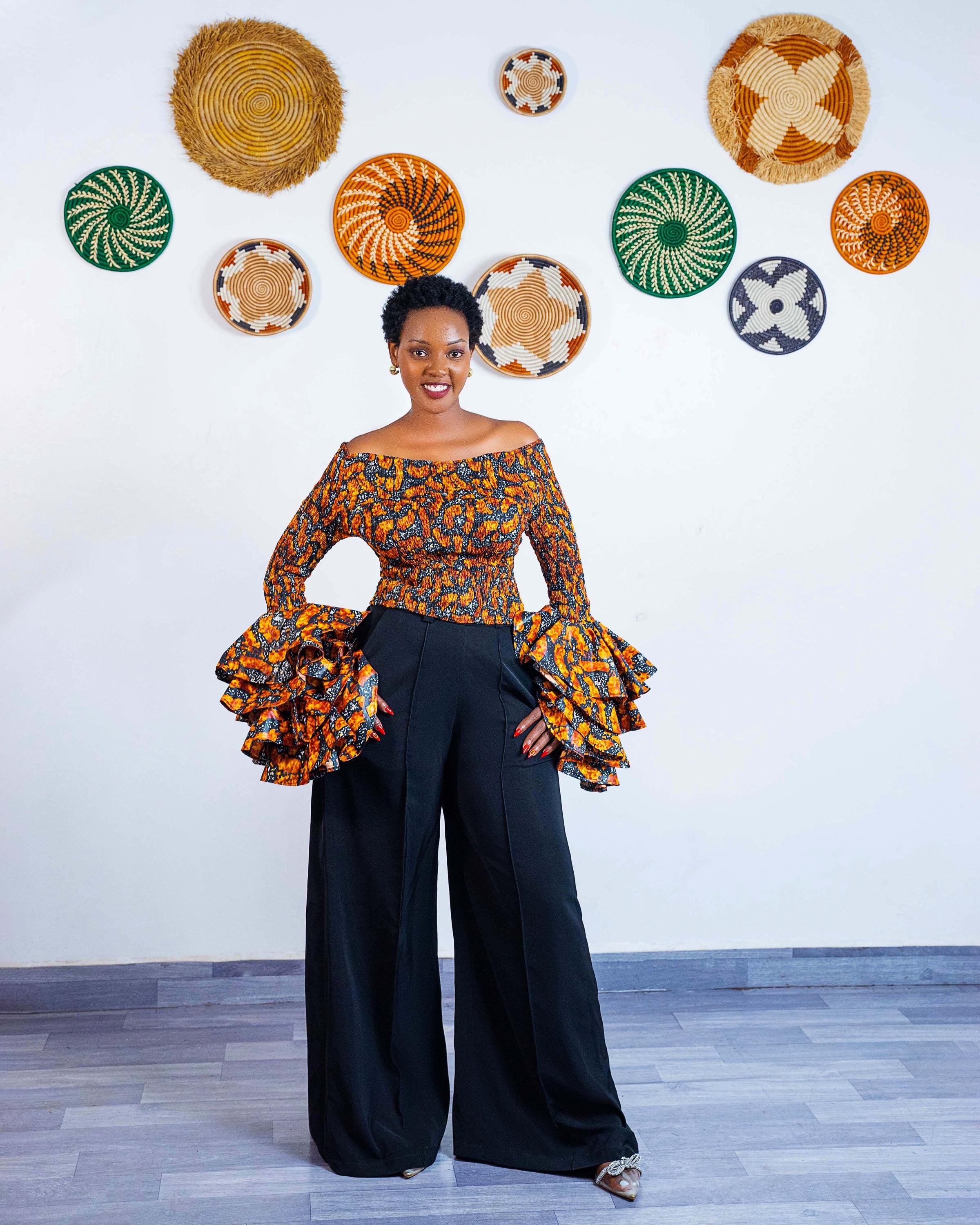 Orange Ankara Crop Top, Smocked Bodice, Tiered Bell Sleeves, Off-Shoulder Blouse