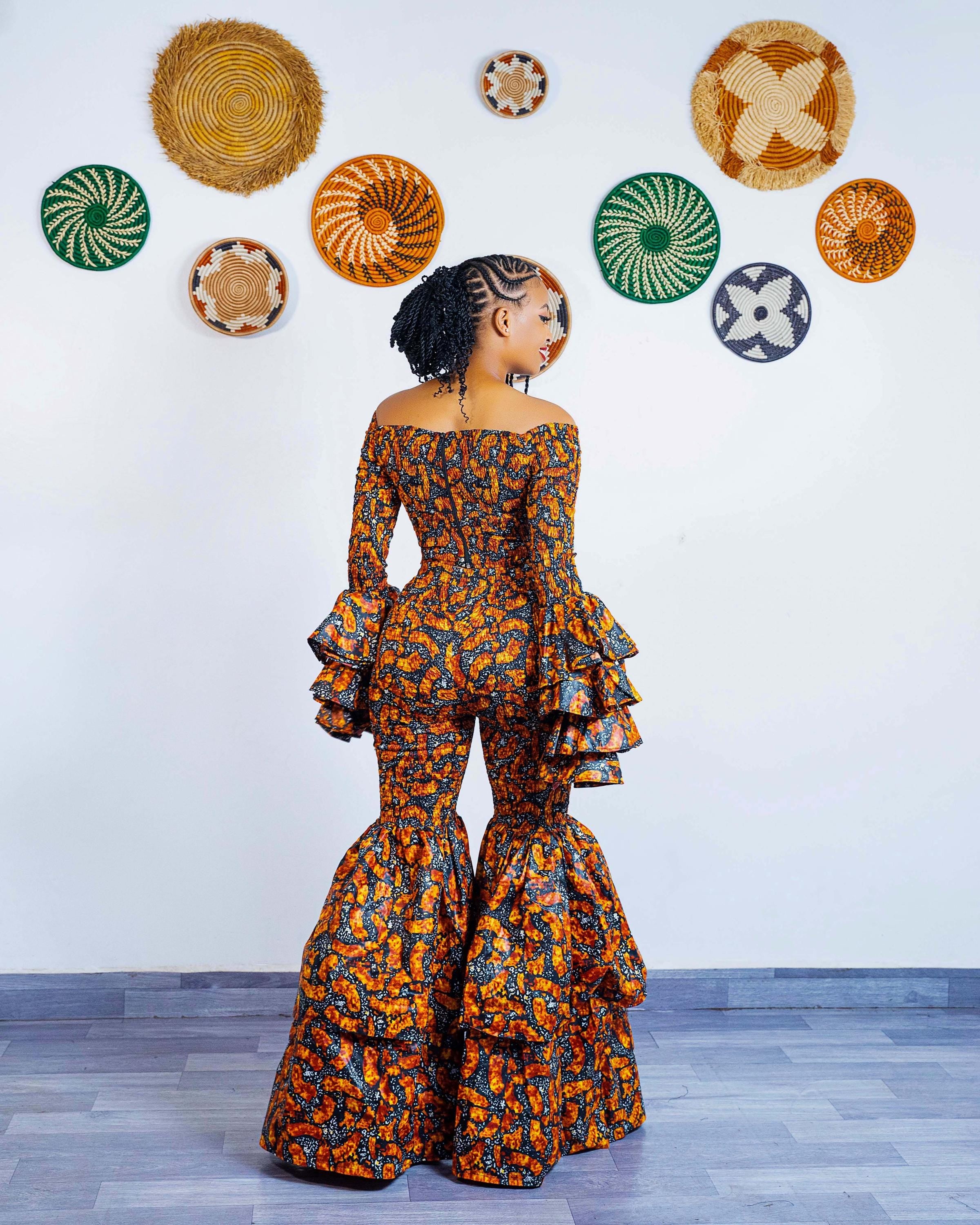 Orange Ankara Crop Top, Smocked Bodice, Tiered Bell Sleeves, Off-Shoulder Blouse