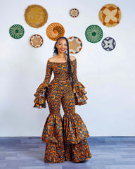 Orange Ankara Crop Top, Smocked Bodice, Tiered Bell Sleeves, Off-Shoulder Blouse
