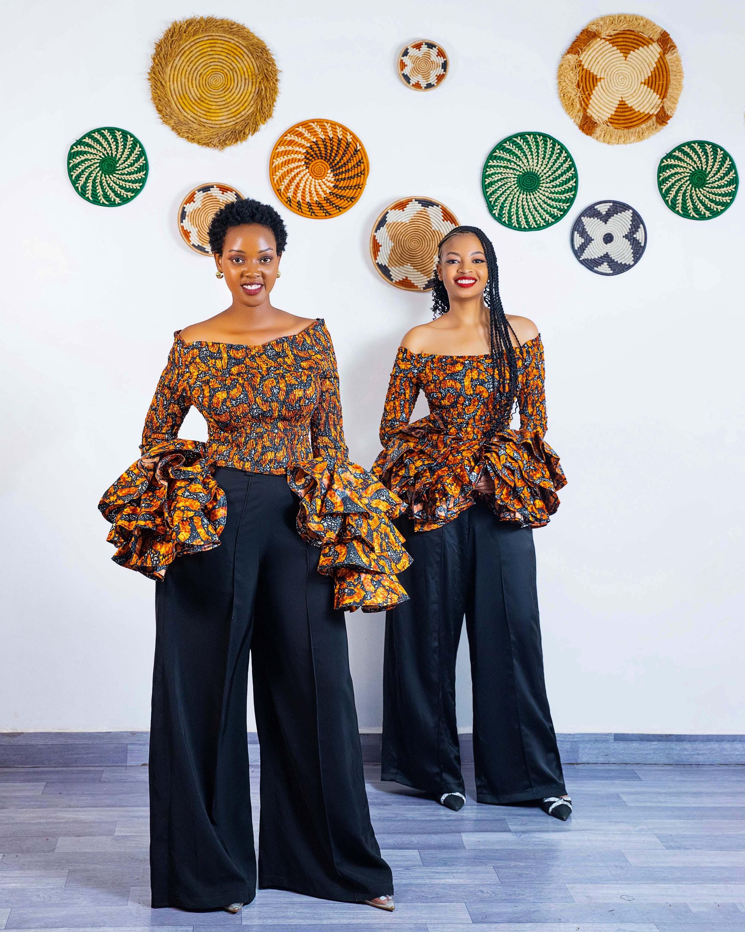 Orange Ankara Crop Top, Smocked Bodice, Tiered Bell Sleeves, Off-Shoulder Blouse