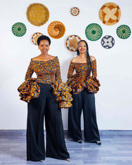 Orange Ankara Crop Top, Smocked Bodice, Tiered Bell Sleeves, Off-Shoulder Blouse