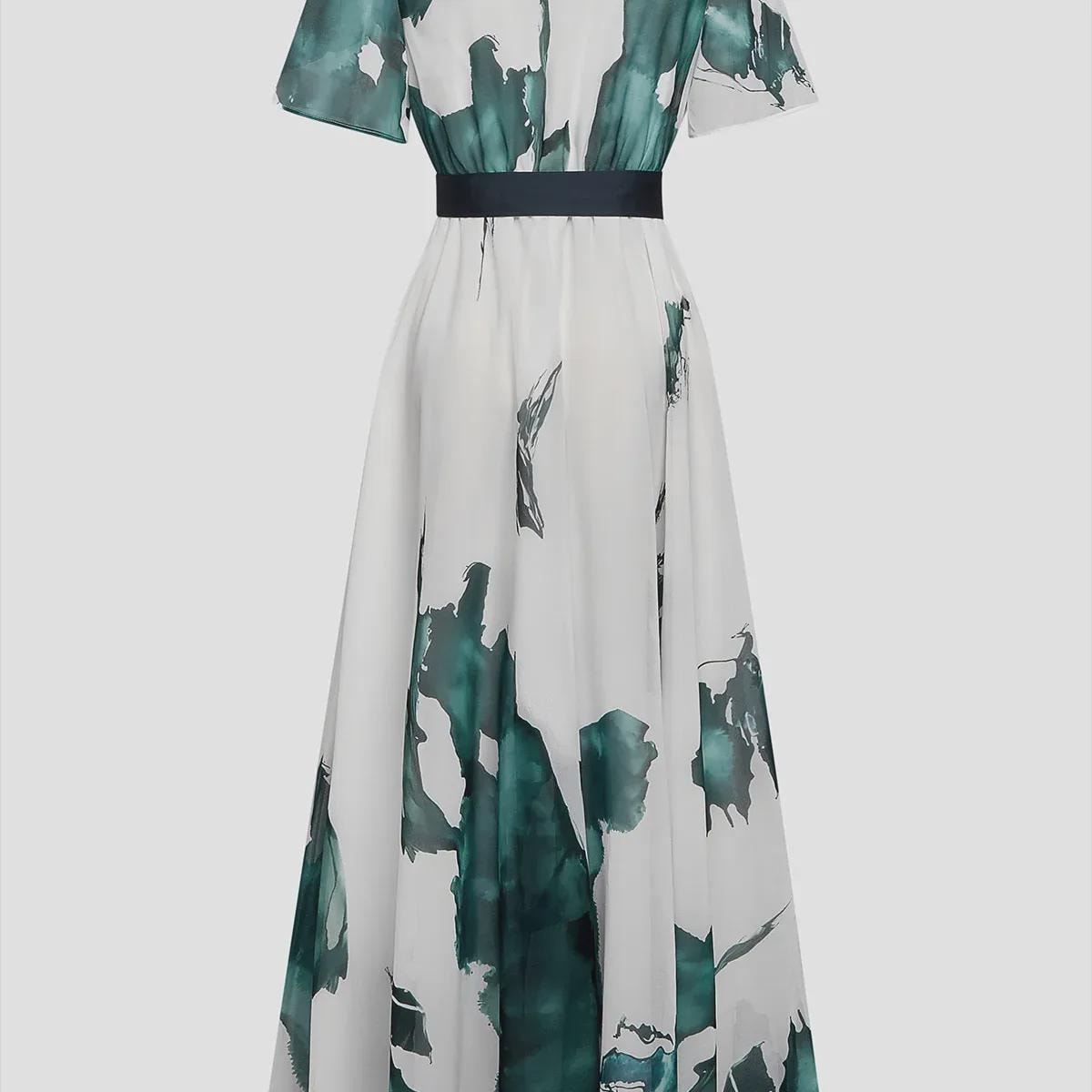 Boho Maxi Dress – Teal Watercolor Marble Print, Flowy Wrap Summer Wedding Guest Outfit