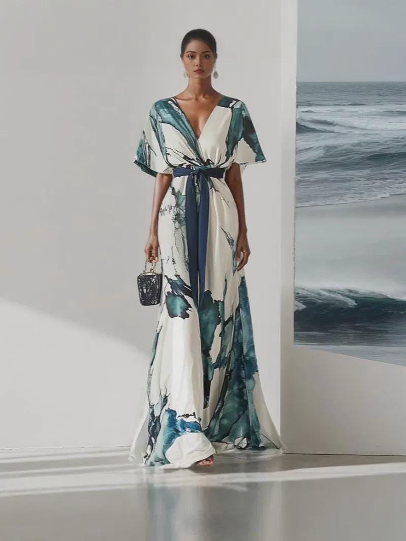 Boho Maxi Dress – Teal Watercolor Marble Print, Flowy Wrap Summer Wedding Guest Outfit