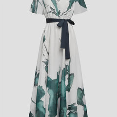 Boho Maxi Dress – Teal Watercolor Marble Print, Flowy Wrap Summer Wedding Guest Outfit