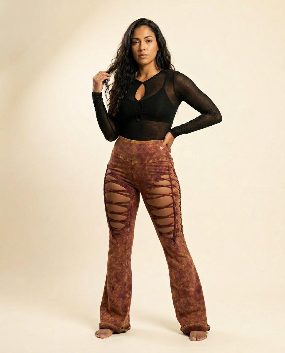 High Waisted Acid Wash Flare Pants with Braided Details