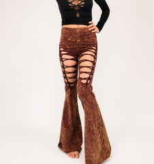 High Waisted Acid Wash Flare Pants with Braided Details
