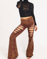 High Waisted Acid Wash Flare Pants with Braided Details