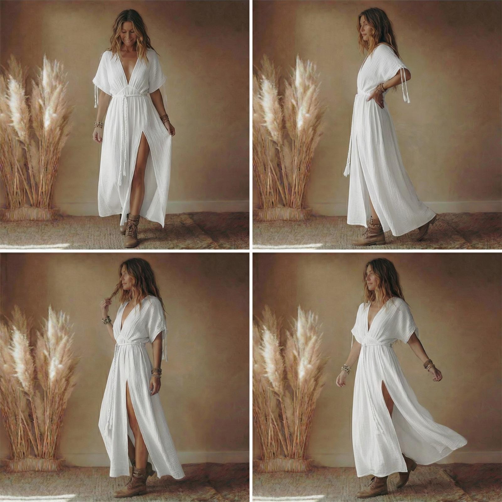 Muslin Cotton Maxi Dress with Deep V Neck