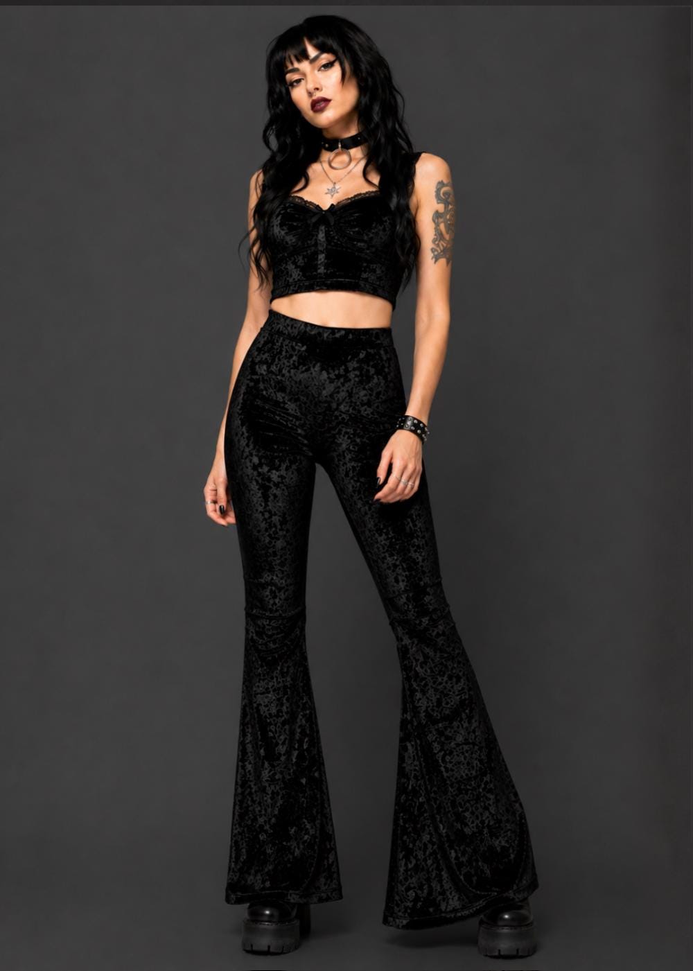 Black Crushed Velvet Bell Bottom Pants for Women