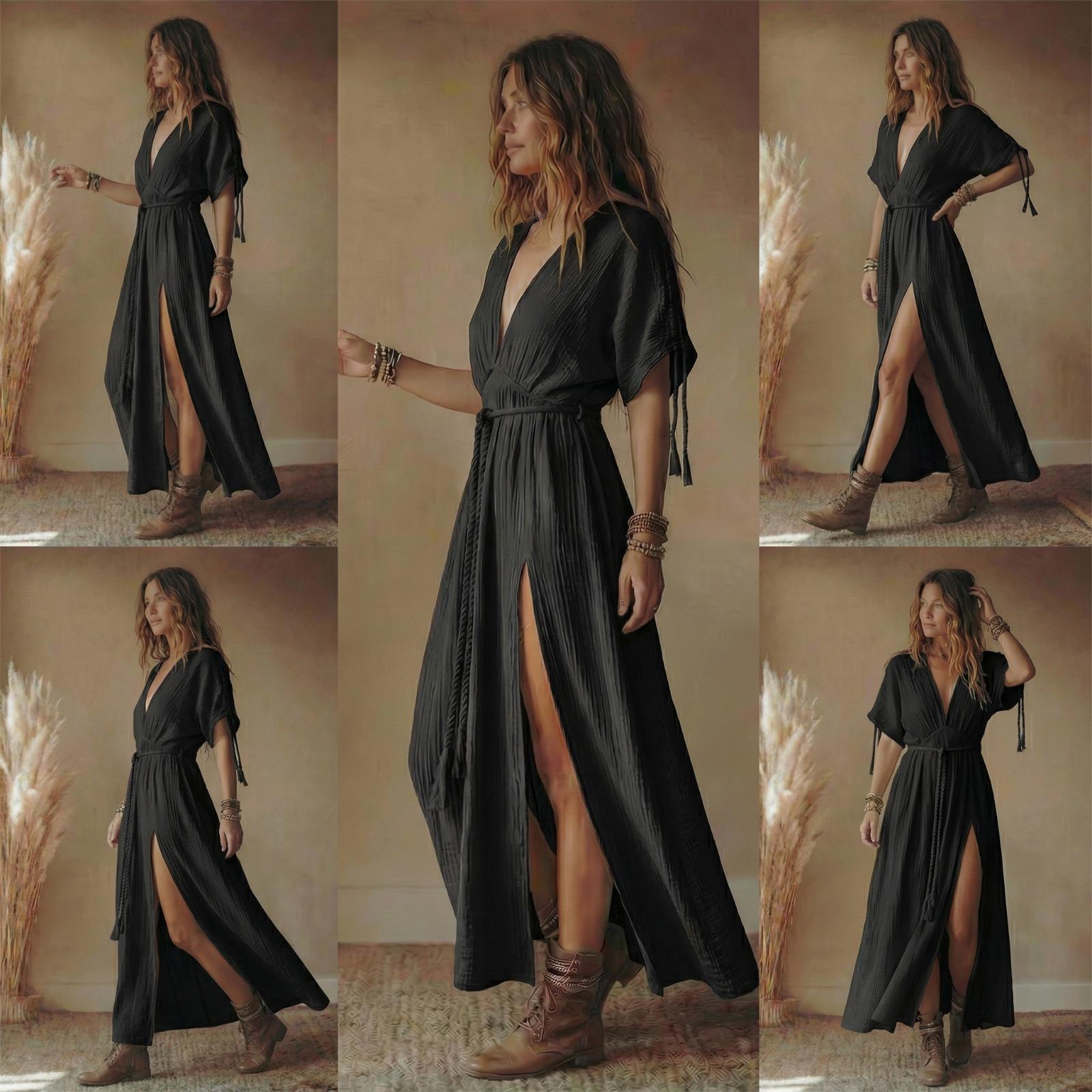 Muslin Cotton Maxi Dress with Deep V Neck